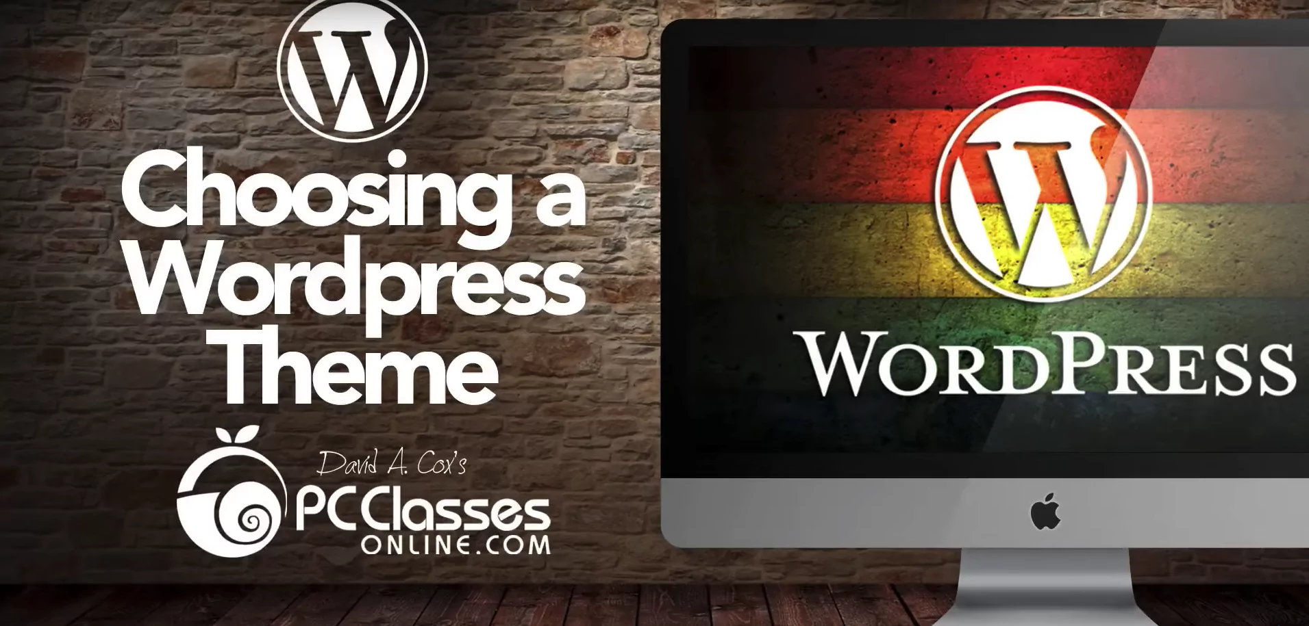 Choosing a WordPress theme graphic featuring a desktop monitor displaying the WordPress logo, set against a textured stone background, with branding from PCClassesOnline.com.
