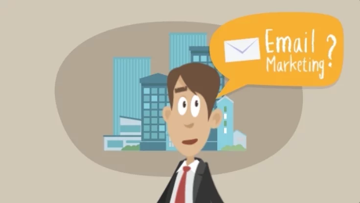 Businessman in suit with cartoonish features asking about email marketing, urban skyline in background.