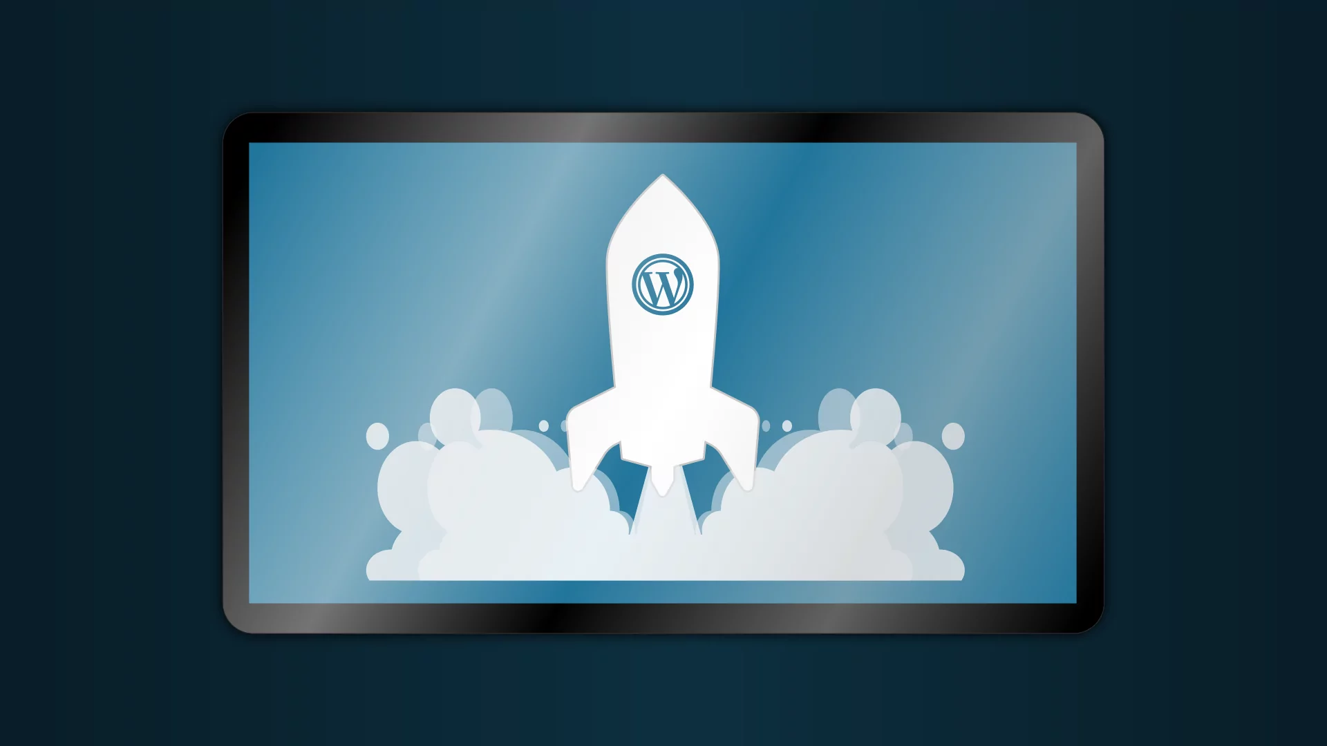 WordPress rocket launching from a tablet screen, symbolizing digital growth and website development by Astound Media.