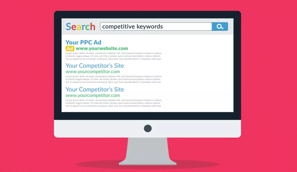 Computer screen displaying a search engine results page featuring a highlighted PPC ad and competitive keywords, relevant to digital marketing and PPC advertising services.