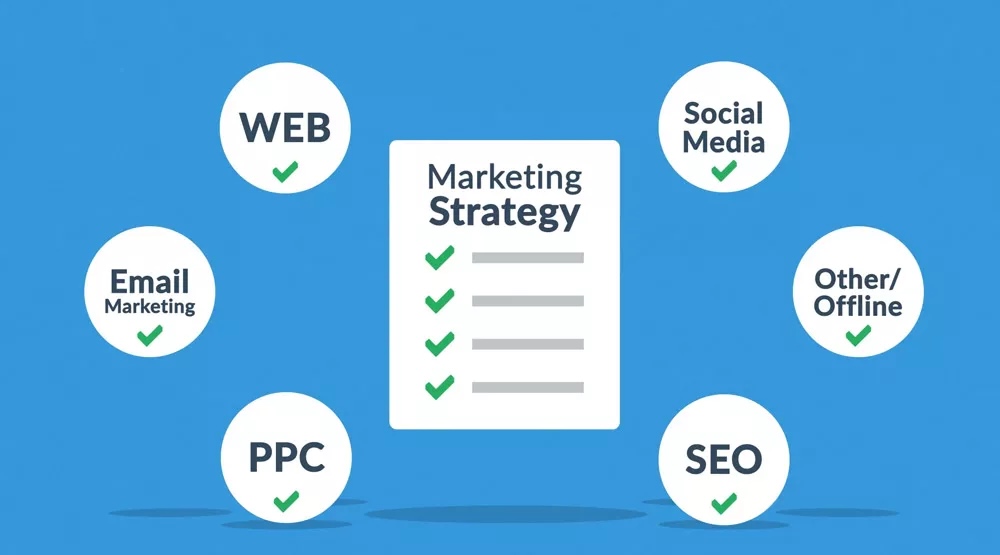 Marketing strategy checklist with elements like Web, Email Marketing, PPC, SEO, Social Media, and Other/Offline, emphasizing digital marketing services.