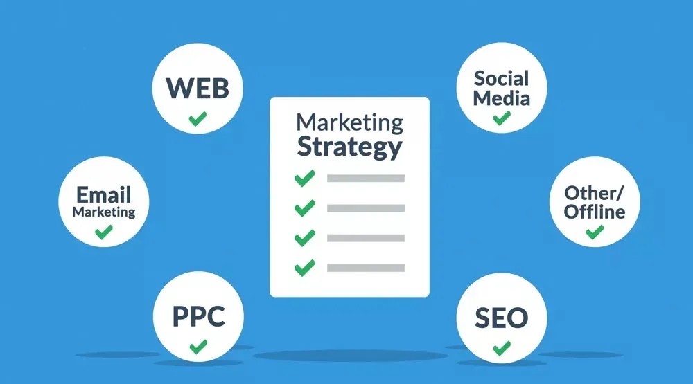 Marketing strategy checklist with elements like Web, Email Marketing, PPC, SEO, Social Media, and Other/Offline, emphasizing digital marketing services.