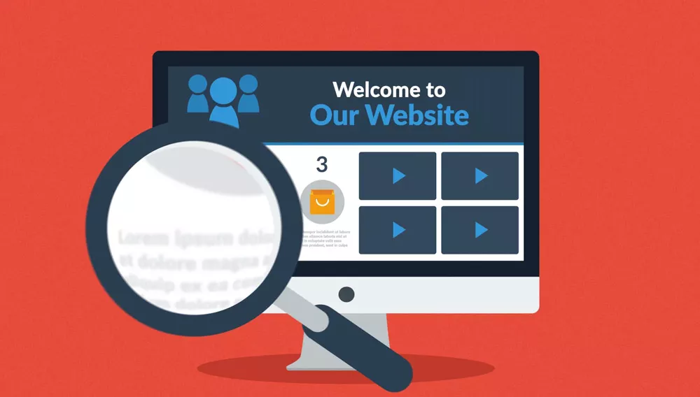 Desktop computer screen displaying a website homepage with the text "Welcome to Our Website," featuring navigation buttons and a magnifying glass symbolizing digital marketing and online presence strategies.
