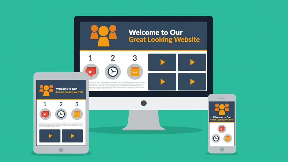 Responsive web design showcasing a desktop, tablet, and smartphone displaying a welcoming website interface with navigation elements, emphasizing Astound Media's digital marketing and web design services.