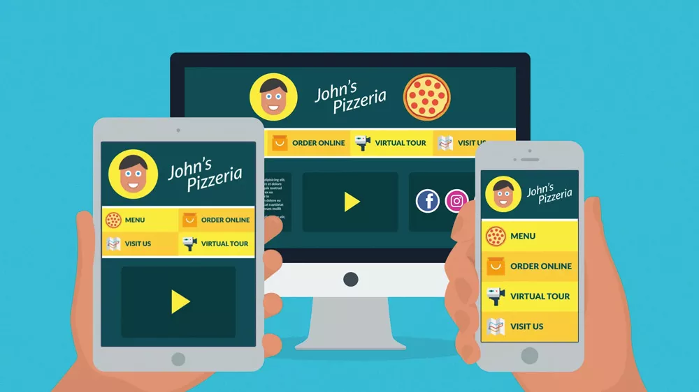 Illustration of digital marketing for small businesses, featuring mobile devices and a computer displaying John's Pizzeria website with options like "Order Online," "Menu," and "Virtual Tour."