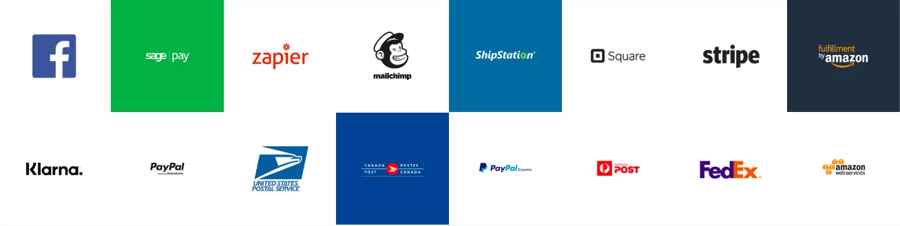 Logos of various WooCommerce integrations including Facebook, Zapier, Mailchimp, ShipStation, Square, Stripe, PayPal, FedEx, and Amazon, highlighting the platform's extensive compatibility for e-commerce functionalities.
