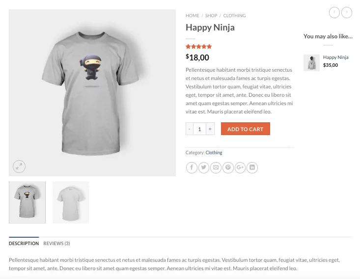 T-shirt featuring a cartoon ninja character, labeled "Happy Ninja," with product details including price and "Add to Cart" button, illustrating a WooCommerce single product listing.