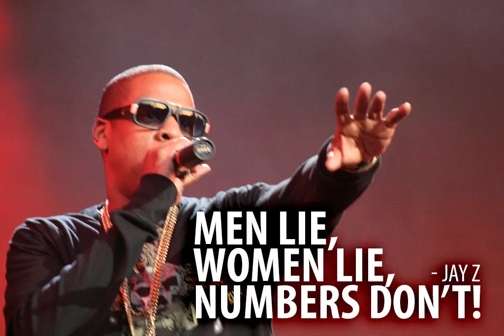 Jay Z performing with sunglasses, gesturing while quoting "Men lie, women lie, numbers don’t!" in bold text, reflecting themes of authenticity and data-driven decision-making in e-commerce.