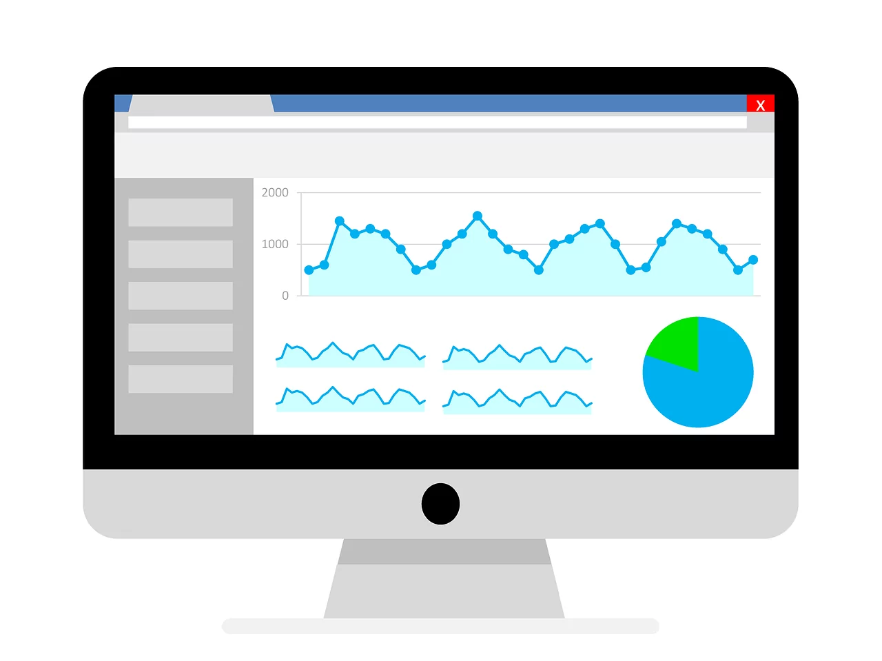 Computer monitor displaying Google Analytics dashboard with line graphs and pie chart for website performance tracking.