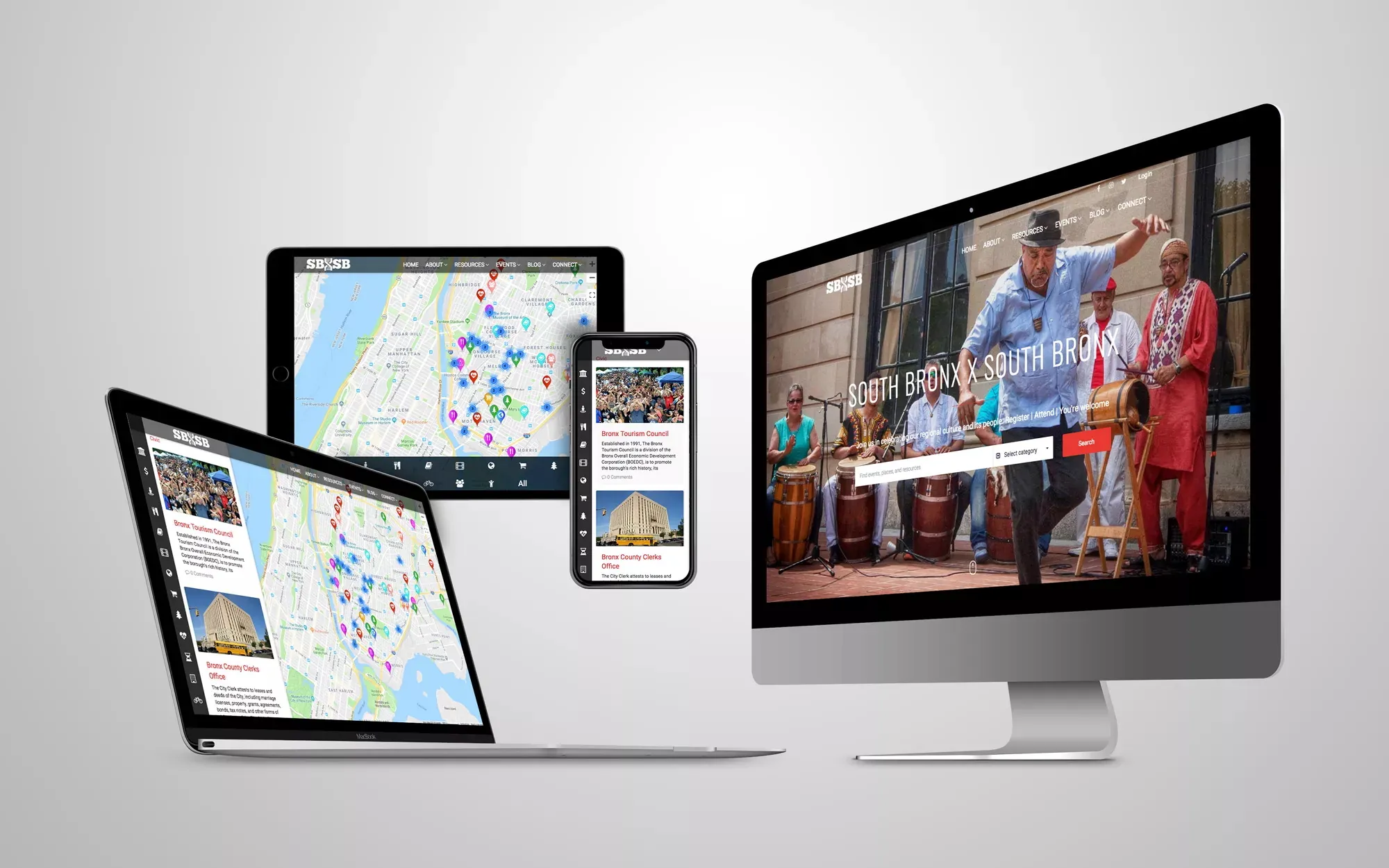 Multiple devices displaying the South Bronx website, featuring a vibrant community event with musicians, maps, and local resources for NYC residents.