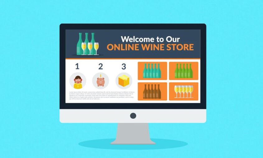 Welcome to our online wine store displayed on a computer screen featuring wine bottles, champagne flutes, and a three-step purchasing guide for e-commerce solutions.