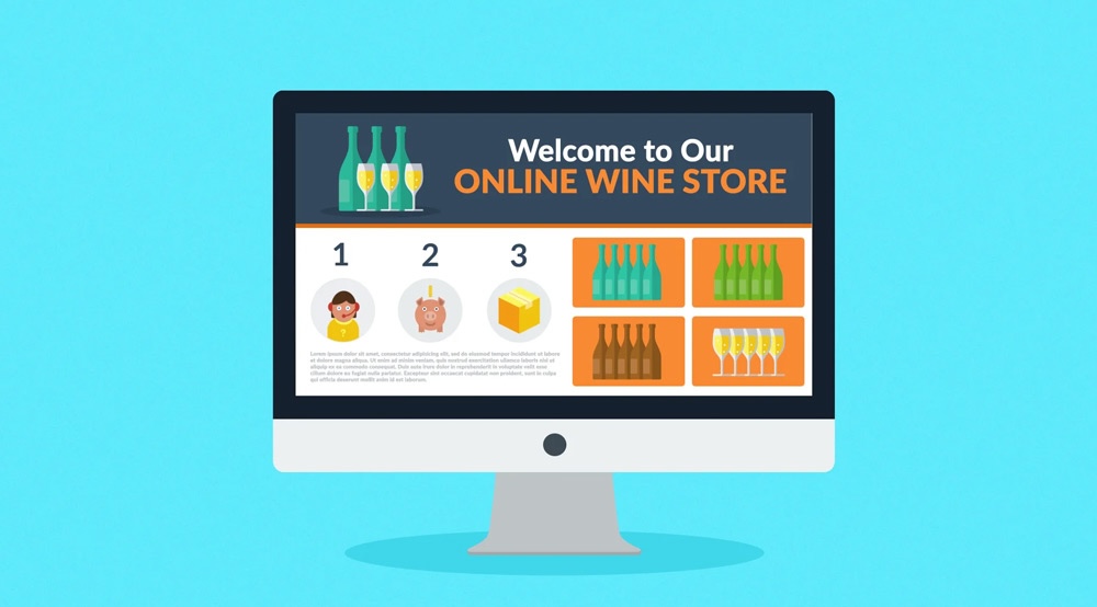 Welcome to our online wine store displayed on a computer screen featuring wine bottles, champagne flutes, and a three-step purchasing guide for e-commerce solutions.