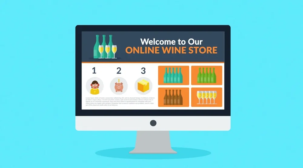 Welcome to our online wine store displayed on a computer screen featuring wine bottles, champagne flutes, and a three-step purchasing guide for e-commerce solutions.