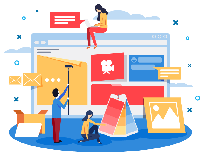 Illustration of a collaborative web development scene featuring a woman typing on a laptop, a man painting a wall, and a woman selecting colors from a palette, with a large computer screen displaying various website elements and communication icons, representing Astound Media's WordPress development services.