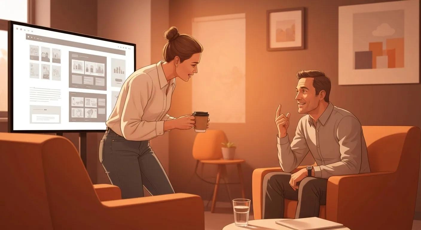 Designer and client discussing website design in a cozy meeting space