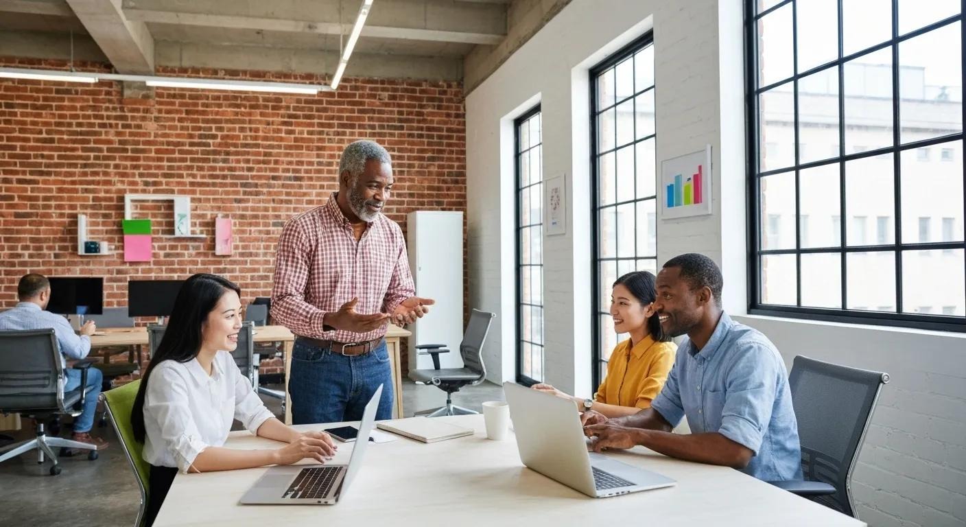 A diverse team of entrepreneurs collaborating on a digital marketing strategy in a modern office setting