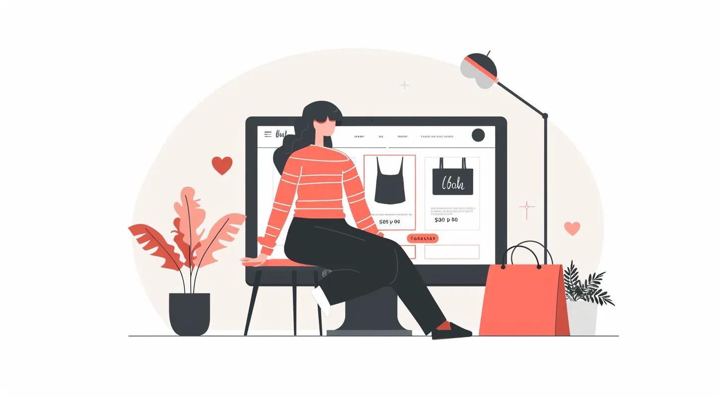 illustration of person sitting at a desk with a computer screen behind them showing an e-commerce store
