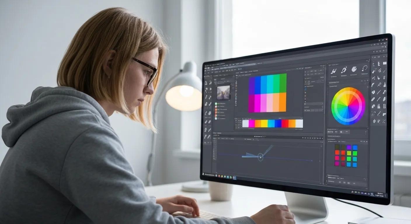 Digital artist optimizing images on a computer screen with editing tools and color palettes