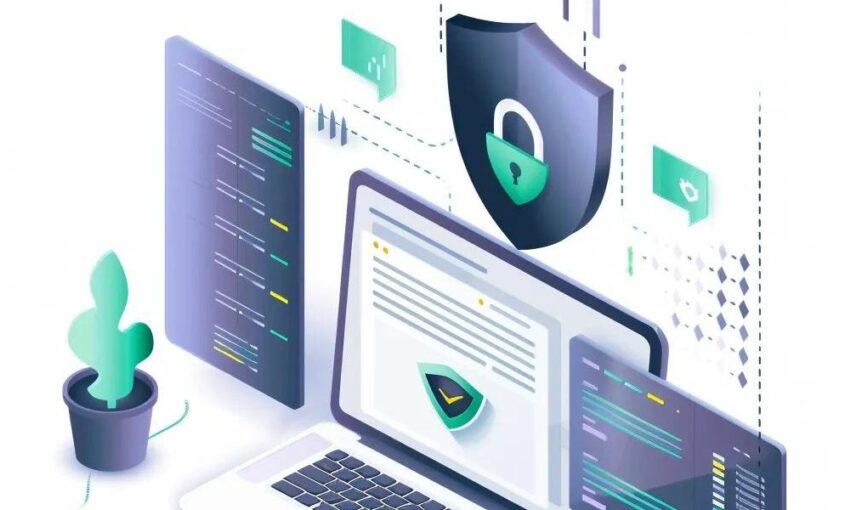 Secure WordPress website environment with a laptop and shield symbolizing protection