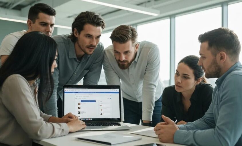 Team members collaborating on a laptop, reviewing a CMS interface in a contemporary office | Comparing CMS Platforms