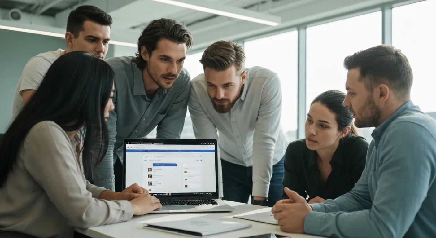 Team members collaborating on a laptop, reviewing a CMS interface in a contemporary office | Comparing CMS Platforms