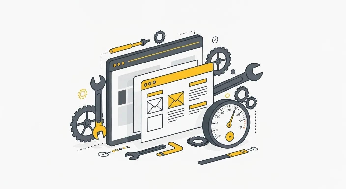 Image of a website being optimized, with gears, a wrench, a speedometer, and other tools to suggest the importance of optimizing a website for speed