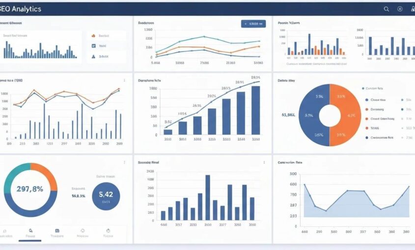 Image of SEO analytics dashboard with various graphs and charts to visualize measuring effective SEO strategies for business