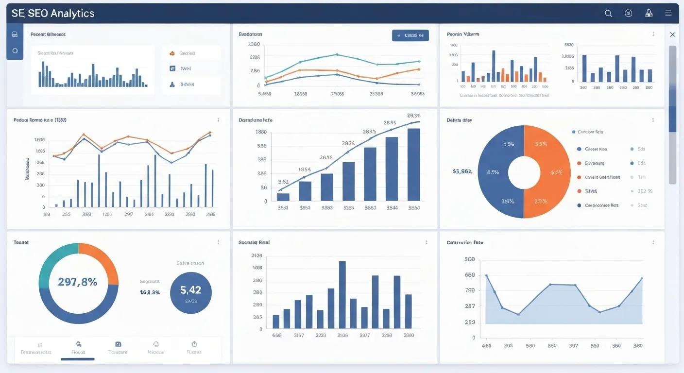 Image of SEO analytics dashboard with various graphs and charts to visualize measuring effective SEO strategies for business