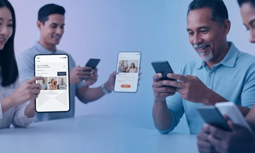 image of people holding mobile devices and checking emails representing email marketing