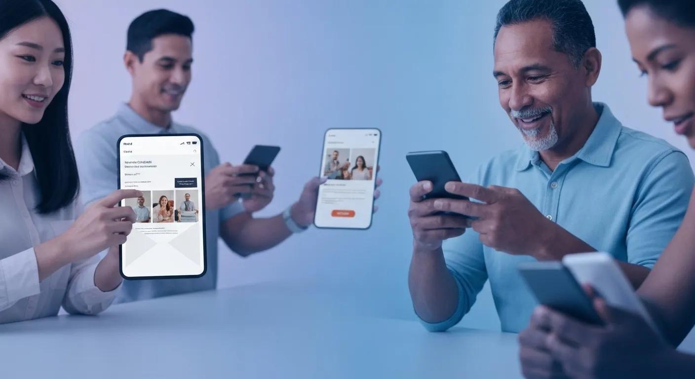 image of people holding mobile devices and checking emails representing email marketing