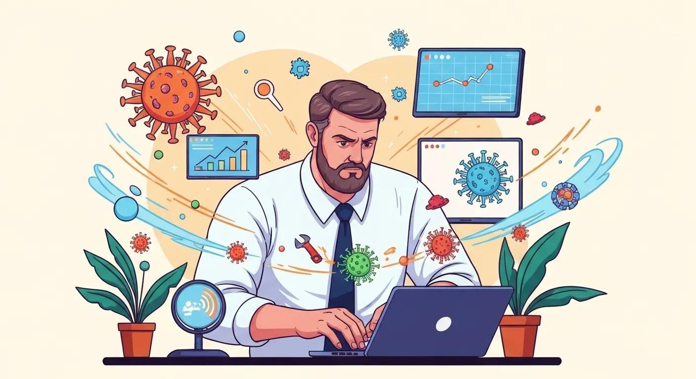 Illustration of small business owner fighting off digital security threats