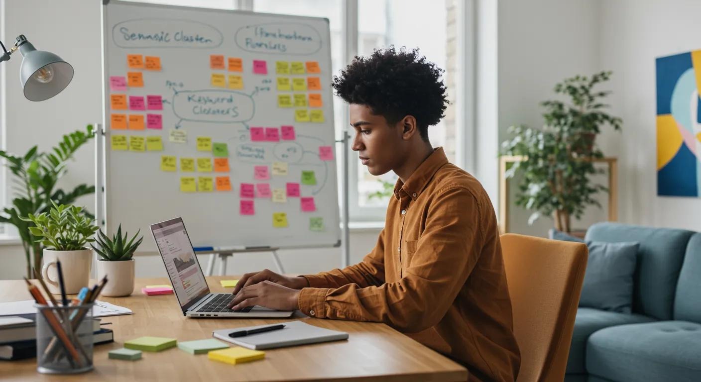 Individual developing semantic SEO strategies in a creative workspace