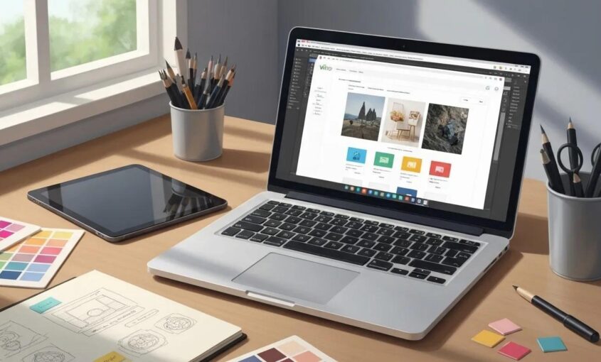 Sleek WordPress website design displayed on a laptop, surrounded by digital design tools