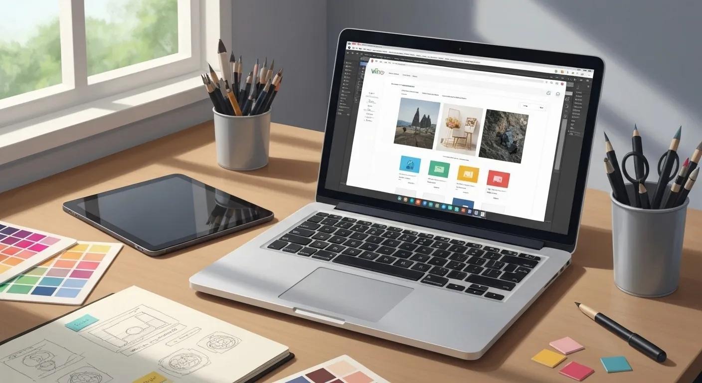 Sleek WordPress website design displayed on a laptop, surrounded by digital design tools