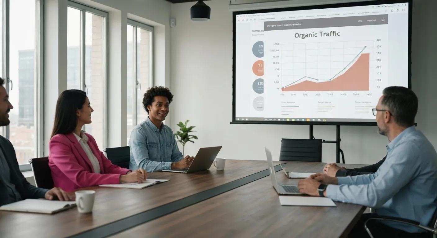 A diverse person in a conference room giving a presentation to people sitting around a conference table with a graph projected behind the presenter showing steady organic traffic growth over time due to SEO | PPC vs SEO