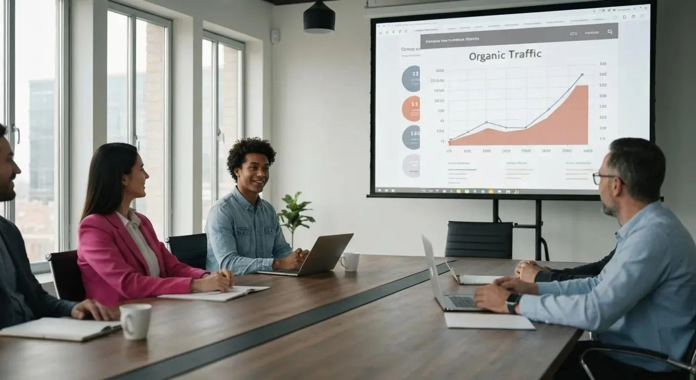 A diverse person in a conference room giving a presentation to people sitting around a conference table with a graph projected behind the presenter showing steady organic traffic growth over time due to SEO | PPC vs SEO