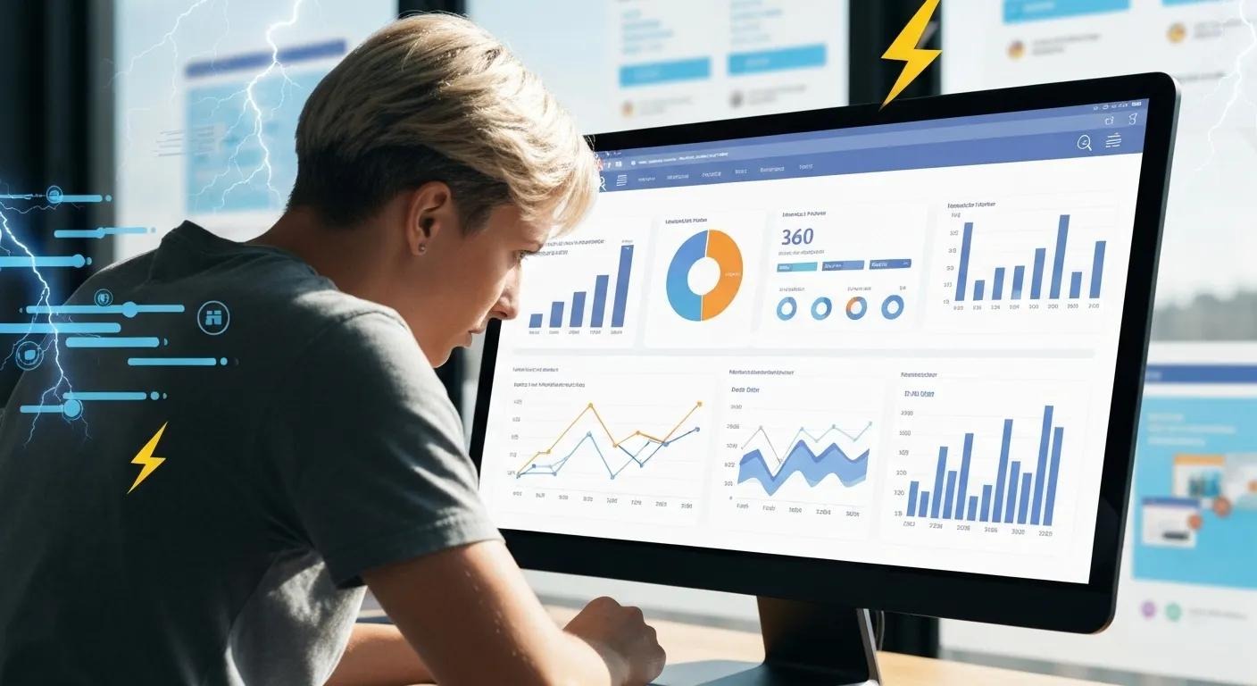 Person analyzing website speed metrics on a computer screen with speed-related elements in the background