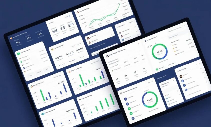 A digital marketing analytics dashboard with various charts and data without text
