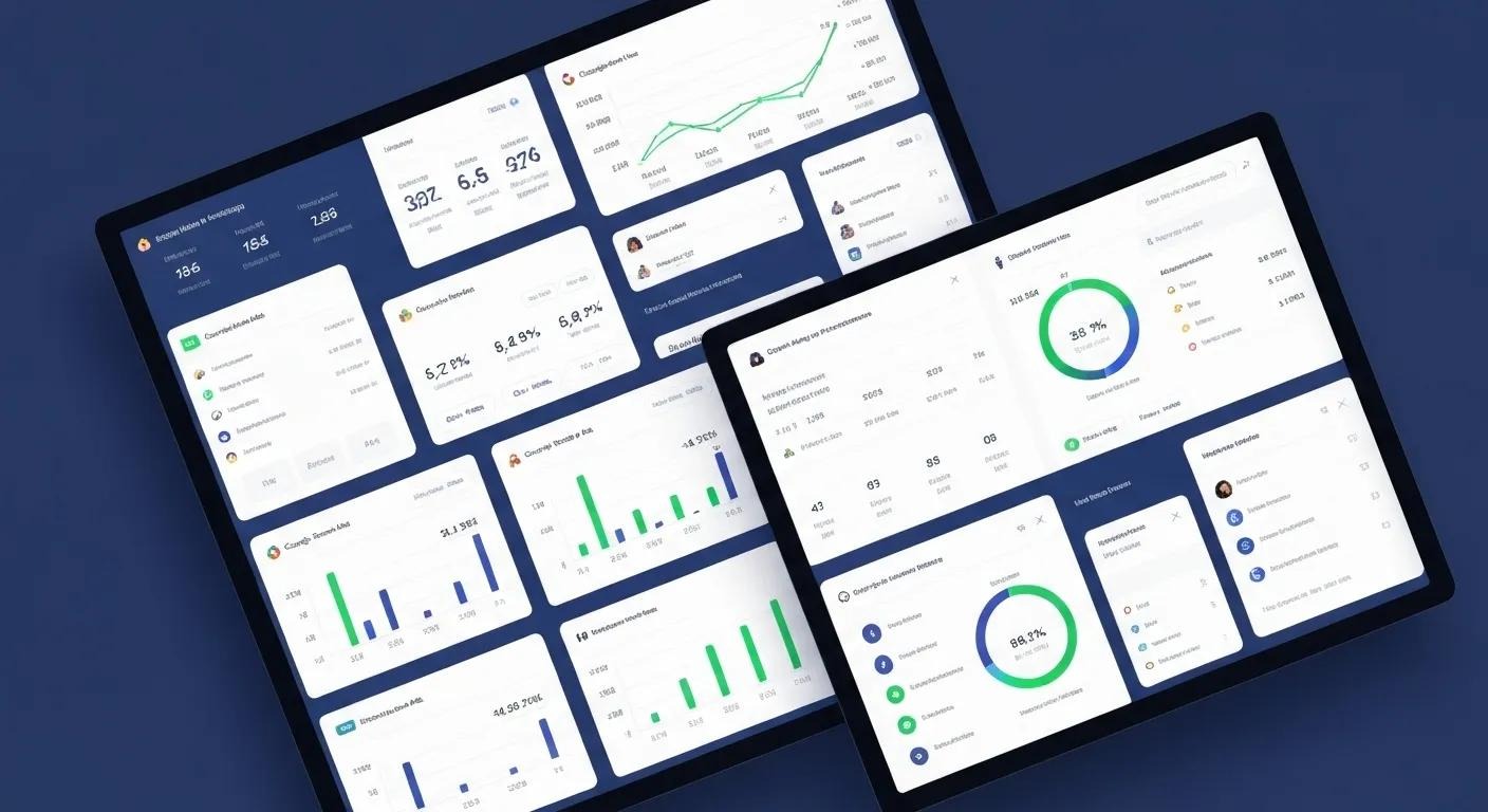 A digital marketing analytics dashboard with various charts and data without text