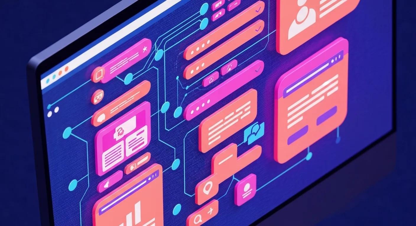 Dynamic illustration of AI-powered design, depicting a computer screen actively generating adaptive website elements. | User Experience in WordPress Design