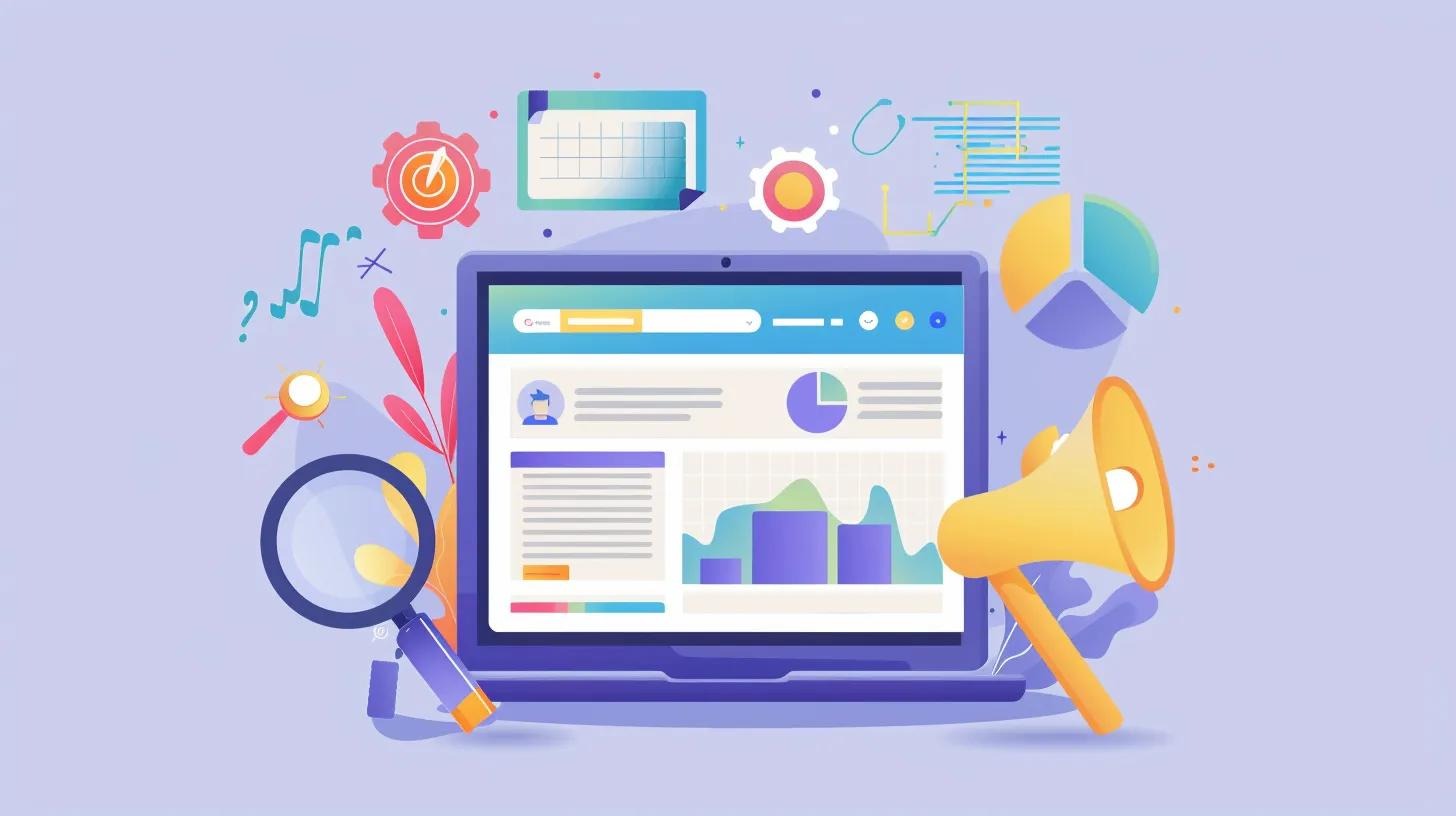 illustration of a laptop screen showing a dashboard of metrics and a magnifying glass representing WordPress SEO