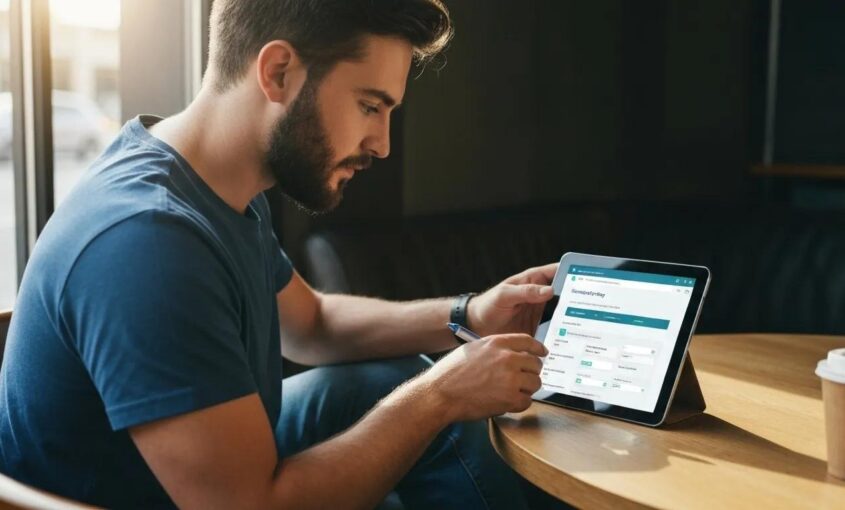 A local business owner meticulously reviewing WordPress security measures on a tablet grateful he took advantage of local WordPress security services