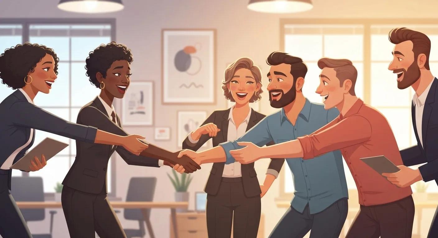 Image of a group of illustrated people shaking hands as in celebrating forming a partnership | comparing CMS Platforms