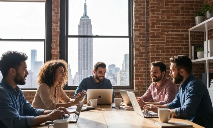 Local WordPress design team collaborating in NYC office with the empire state building visible behind through a window