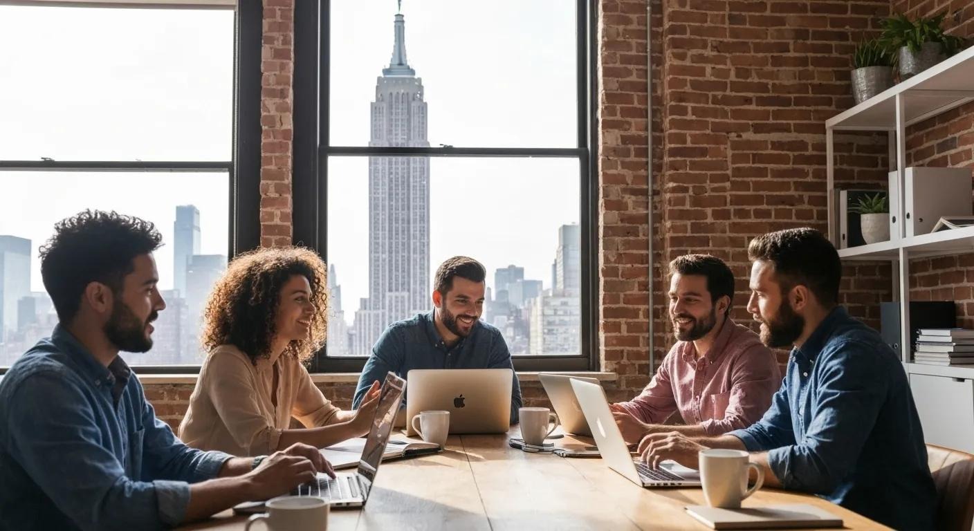 Local WordPress design team collaborating in NYC office with the empire state building visible behind through a window