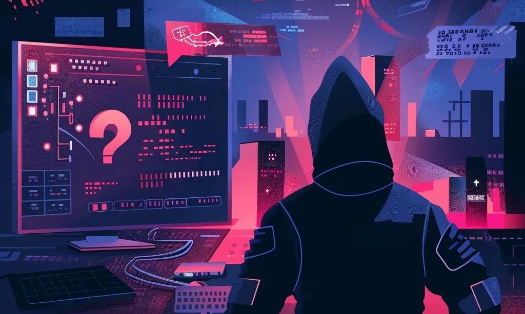 Illustration of common WordPress security threats including malware and hacker silhouette
