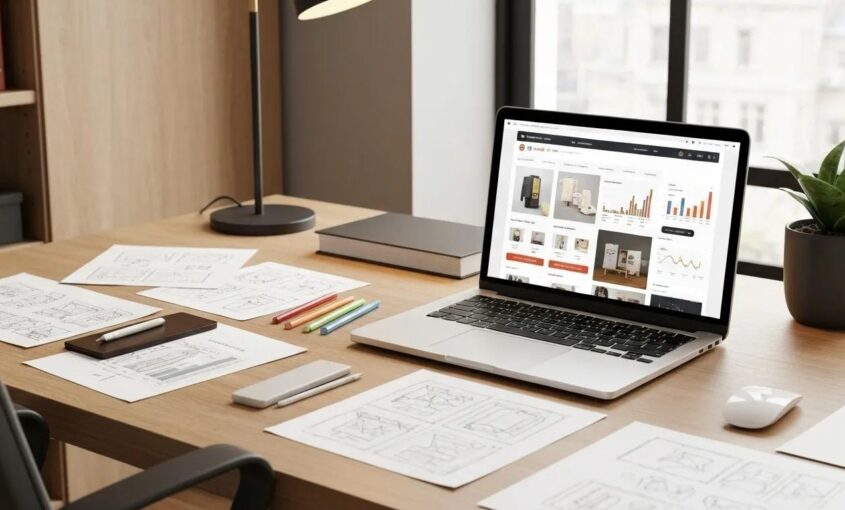 A modern e-commerce workspace featuring a laptop displaying a custom WooCommerce store, surrounded by design sketches and digital tools, symbolizing tailored development.
