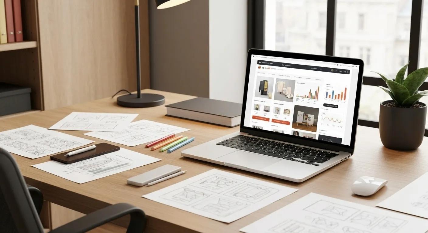 A modern e-commerce workspace featuring a laptop displaying a custom WooCommerce store, surrounded by design sketches and digital tools, symbolizing tailored development.