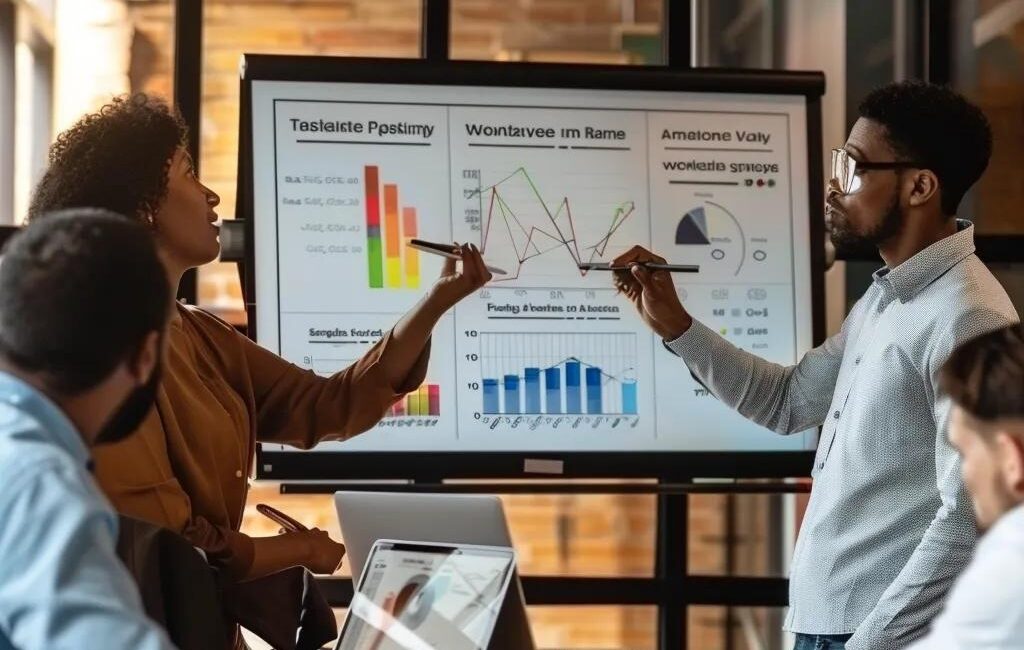 Team discussing marketing strategies for a WordPress e-commerce store in a modern office | WordPress E-Commerce Solutions