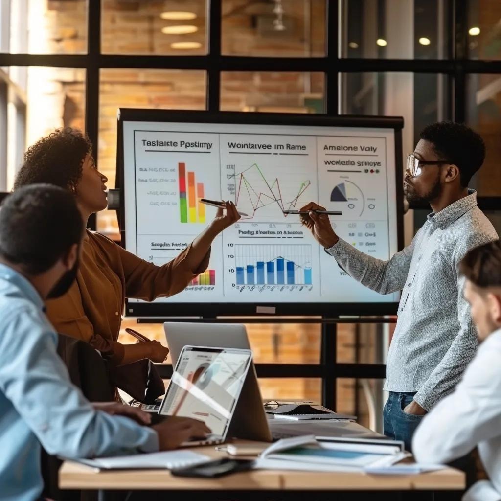 Team discussing marketing strategies for a WordPress e-commerce store in a modern office | WordPress E-Commerce Solutions
